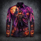 Grayson | Men's Gothic Print Long-Sleeve Shirt, Button-Up Halloween Shirt | The Dress Cellar | Black 1