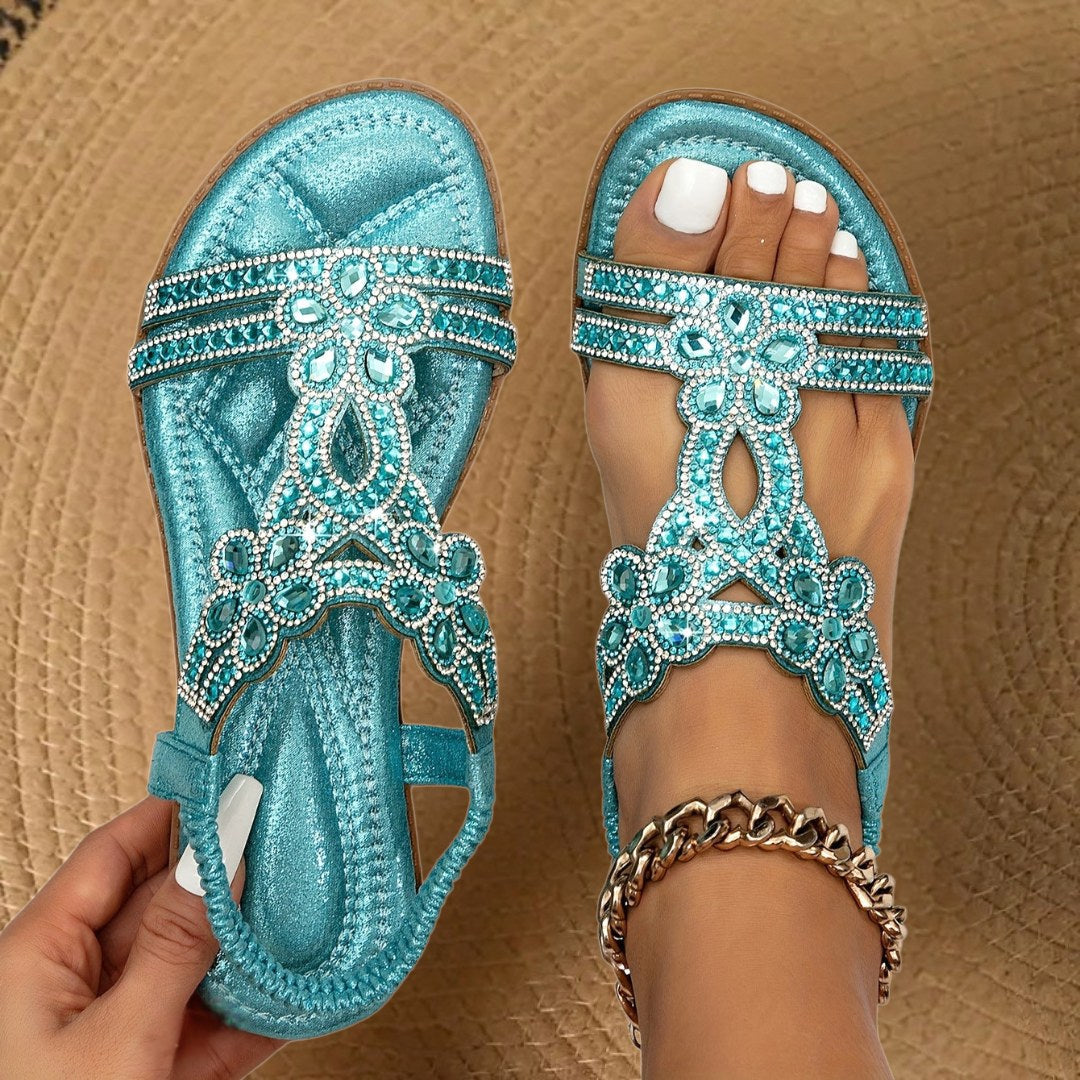 Hadley | Women's Orthopedic Flat Sandals with Rhinestone Details - Light Blue