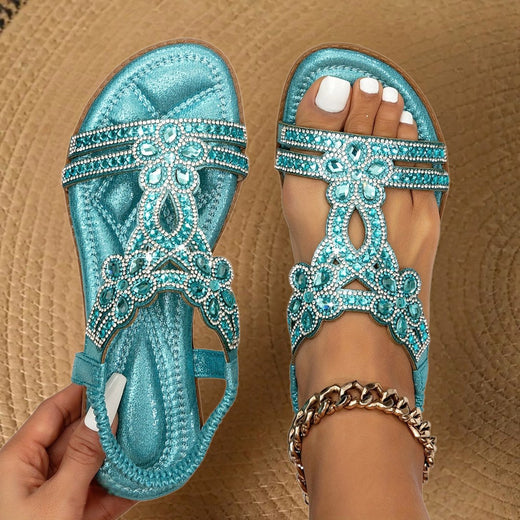 Hadley | Women's Orthopedic Flat Sandals with Rhinestone Details - Light Blue