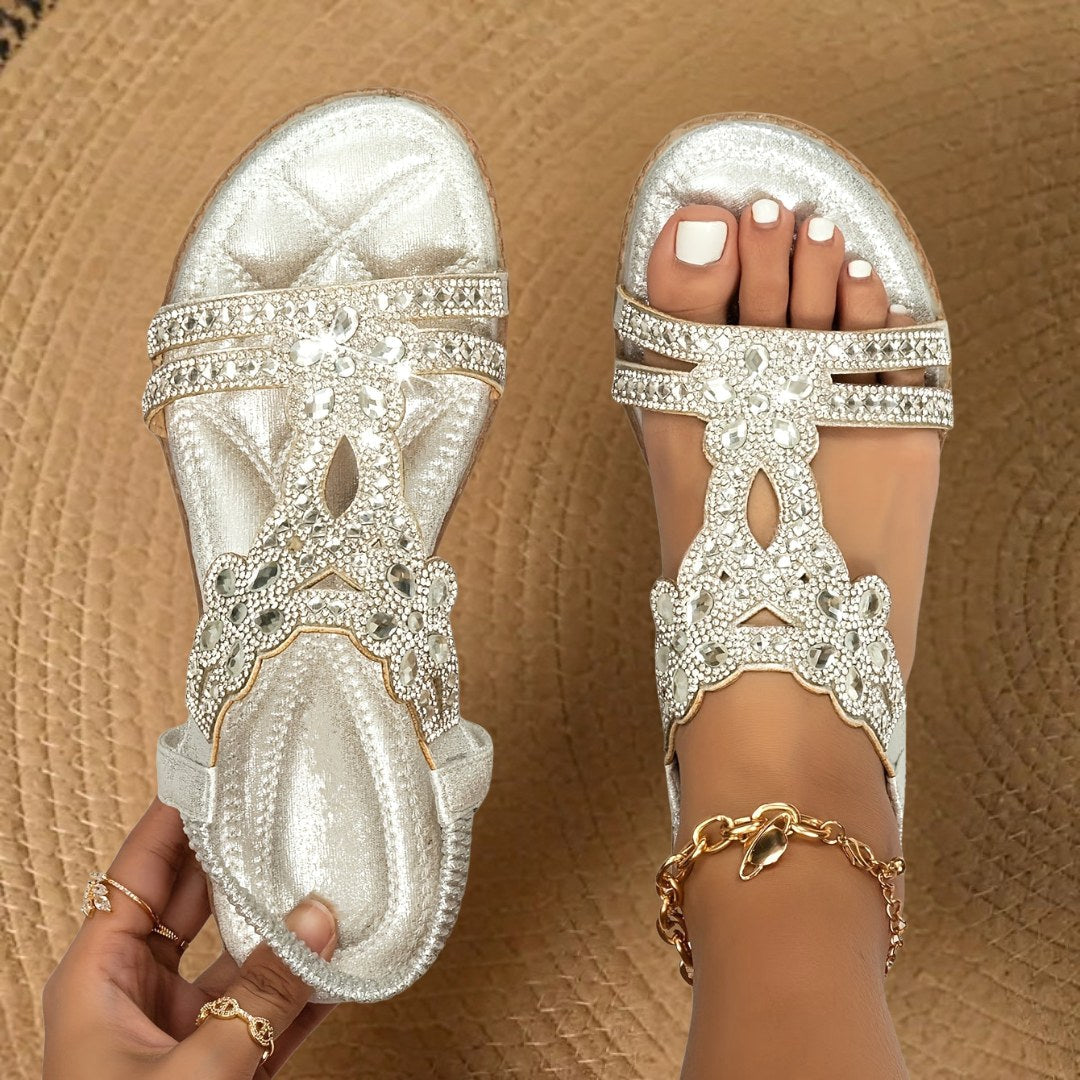 Hadley | Women's Orthopedic Flat Sandals with Rhinestone Details - Gold
