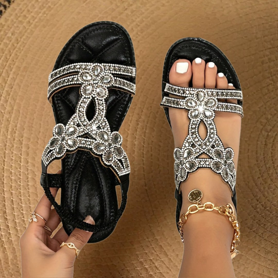 Hadley | Women's Orthopedic Flat Sandals with Rhinestone Details - Blue