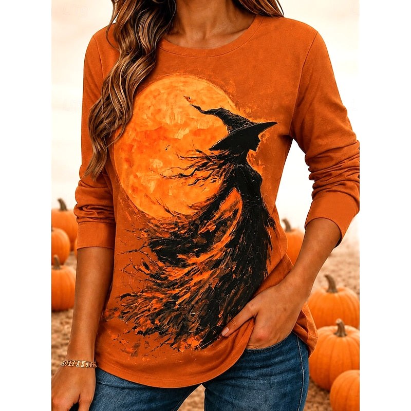 Hailey | Women's Halloween Graphic Long-Sleeve Top, Festive Crew Neck Top | The Dress Cellar | Orange