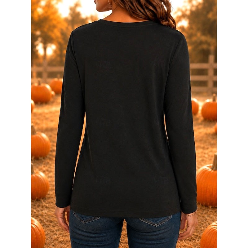 Hailey | Women's Halloween Graphic Long-Sleeve Top, Festive Crew Neck Top | The Dress Cellar | Khaki