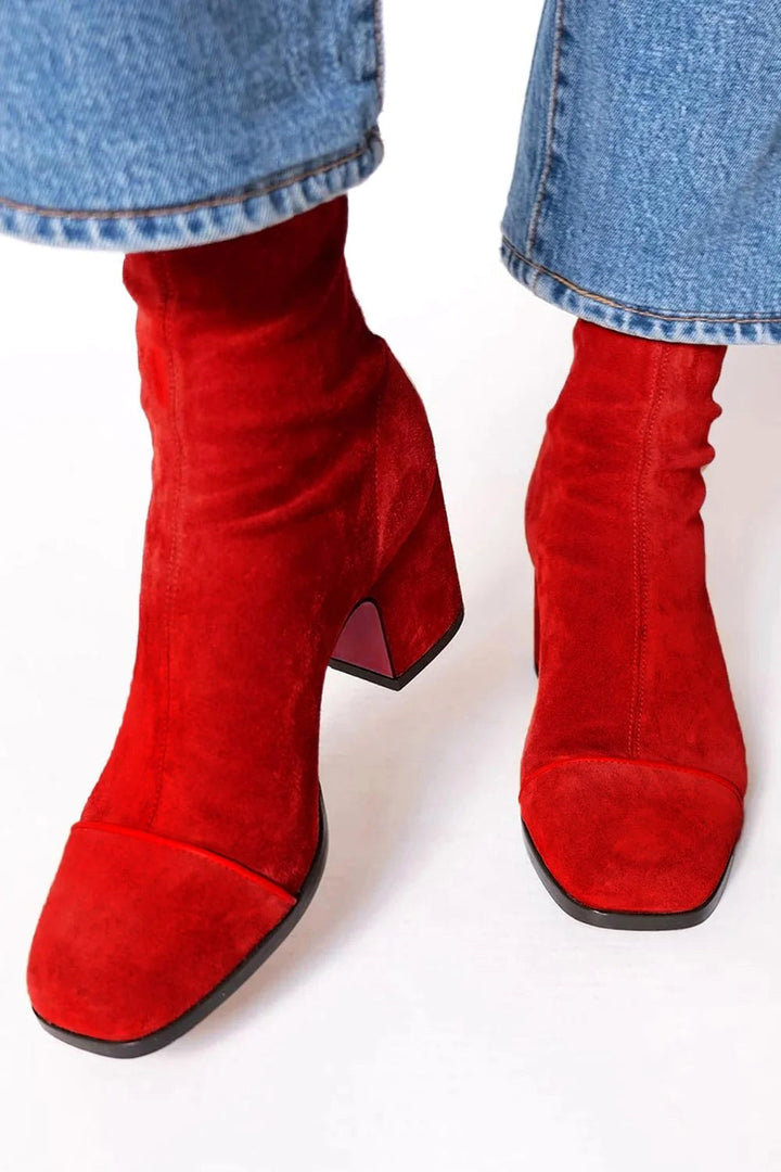 Hailey | Women's Square Toe Heeled Boots - Red