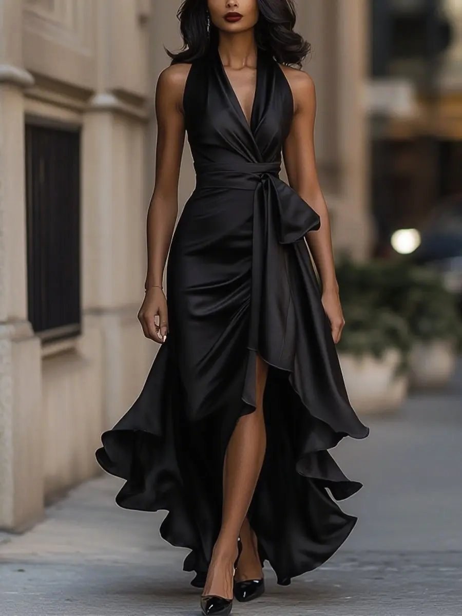Hallie | Women's Halterneck Maxi Dress, Wrap-Waist Evening Dress | The Dress Cellar | Blue