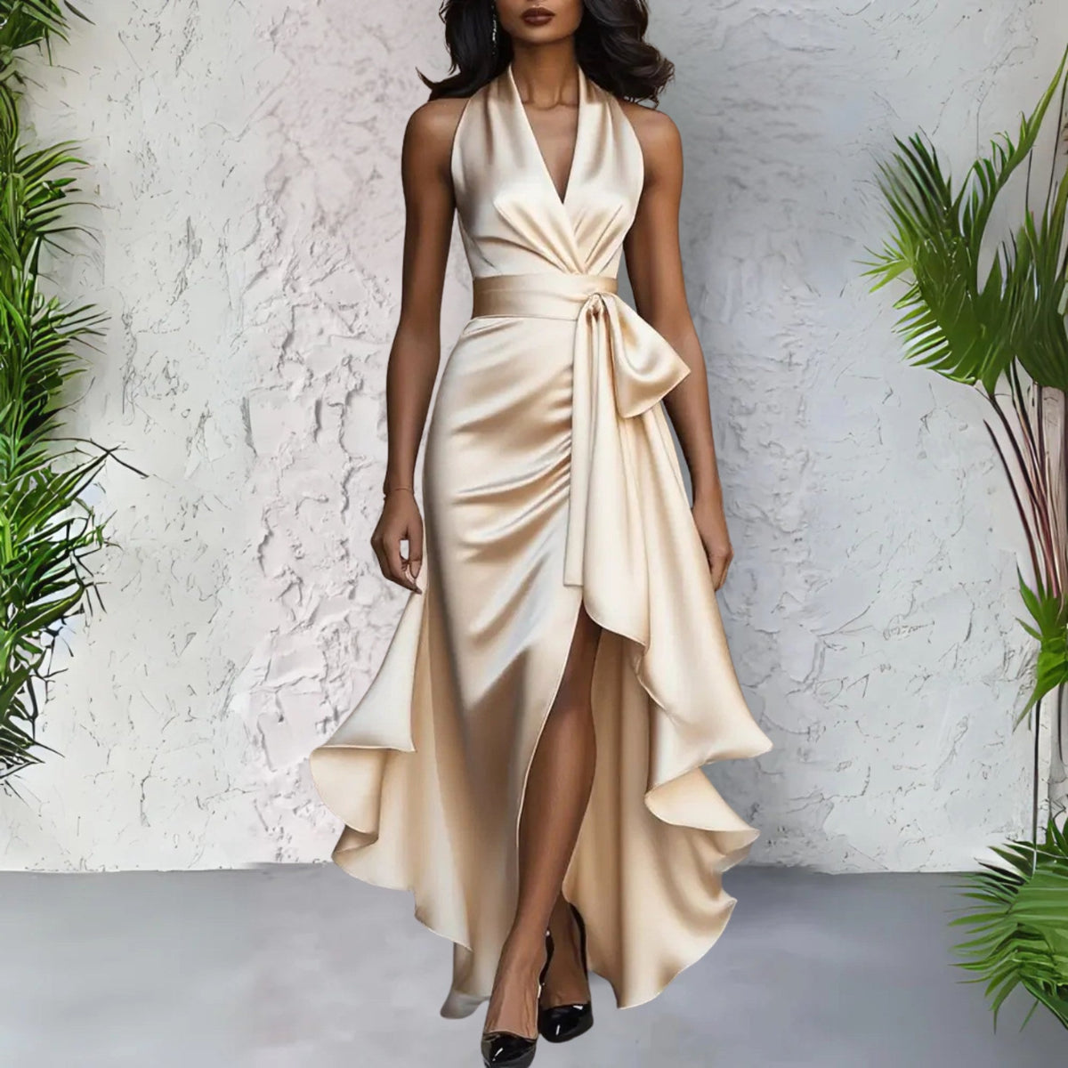 Hallie | Women's Halterneck Maxi Dress, Wrap-Waist Evening Dress | The Dress Cellar | Burgundy