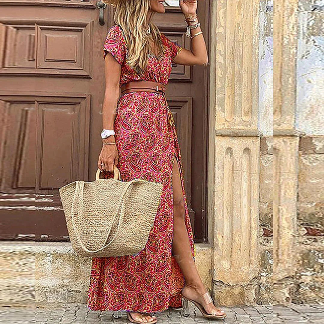 Hannah | Women's Airy Boho Maxi Dress with Belt - Pink