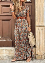 Hannah | Women's Airy Boho Maxi Dress with Belt - Brown