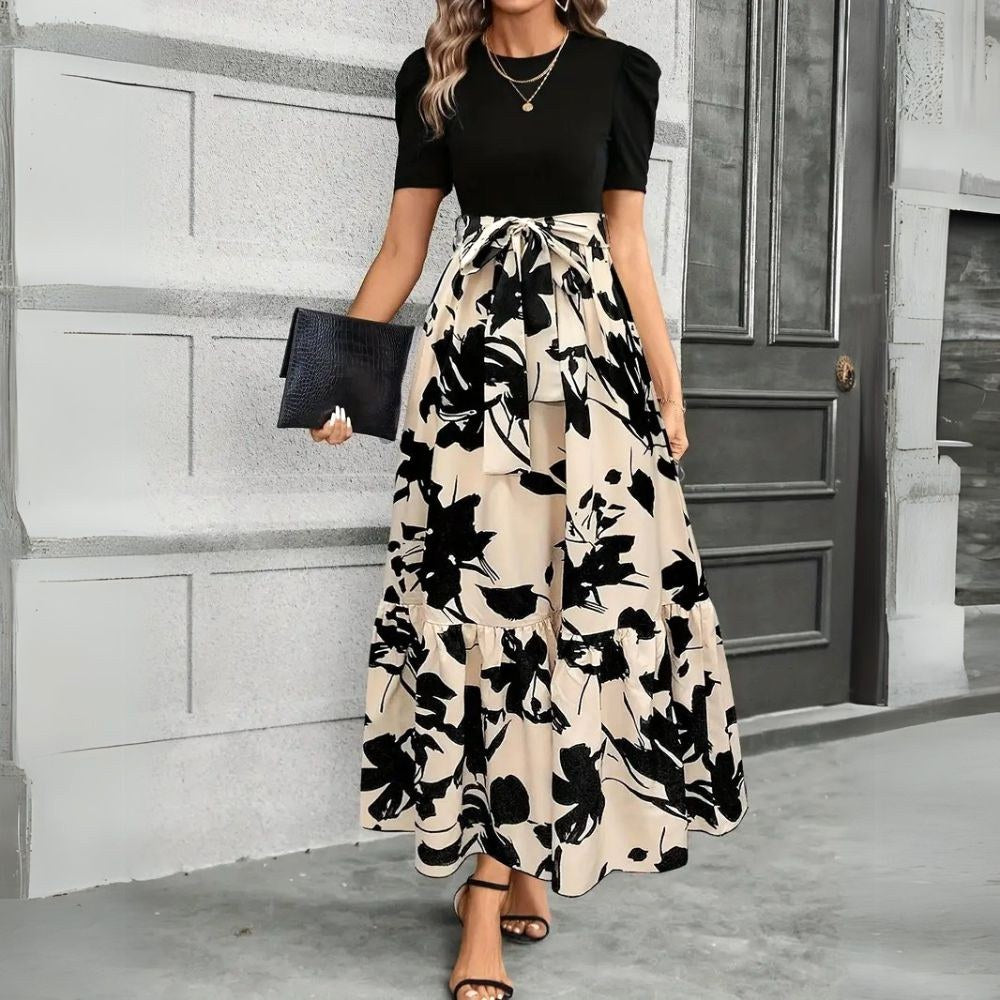 Hannah | Women's Elegant Maxi Dress - Floral Beige Noir
