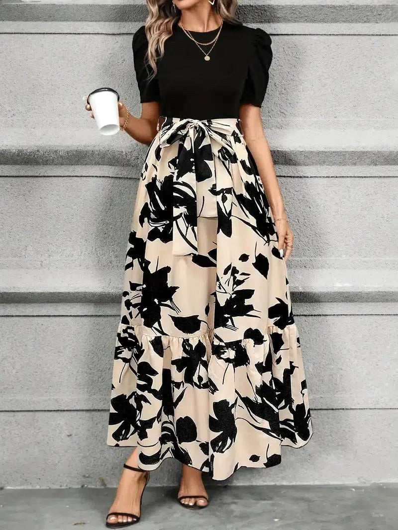 Hannah | Women's Elegant Maxi Dress - Monochrome Abstract Black