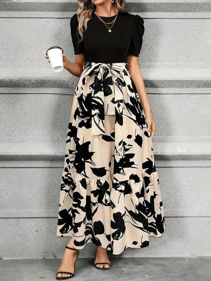 Hannah | Women's Elegant Maxi Dress - Monochrome Abstract Black