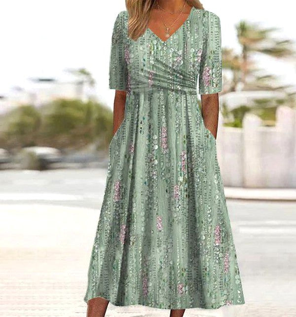 Hannah | Women's Floral A-Line Summer Dress - Green