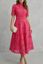Amber | Women's Midi Dress with Lace Fan Pattern and Short Sleeves, Occasion Midi Dress | The Dress Cellar