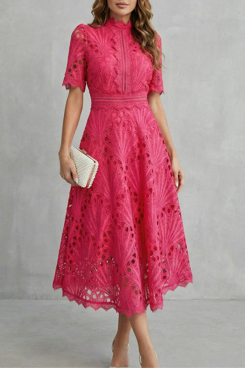 Amber | Women's Midi Dress with Lace Fan Pattern and Short Sleeves, Occasion Midi Dress | The Dress Cellar