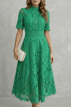 Amber | Women's Midi Dress with Lace Fan Pattern and Short Sleeves, Occasion Midi Dress | The Dress Cellar