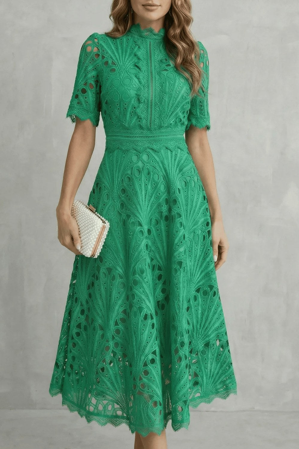Amber | Women's Midi Dress with Lace Fan Pattern and Short Sleeves, Occasion Midi Dress | The Dress Cellar