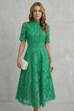 Amber | Women's Midi Dress with Lace Fan Pattern and Short Sleeves, Occasion Midi Dress | The Dress Cellar