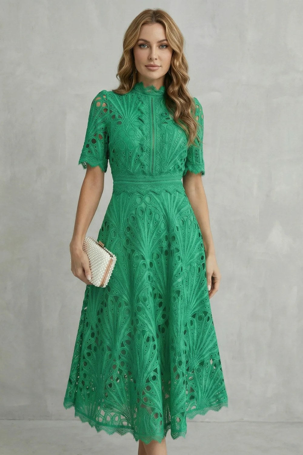Amber | Women's Midi Dress with Lace Fan Pattern and Short Sleeves, Occasion Midi Dress | The Dress Cellar