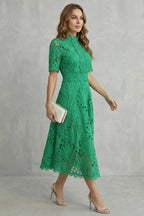 Amber | Women's Midi Dress with Lace Fan Pattern and Short Sleeves, Occasion Midi Dress | The Dress Cellar