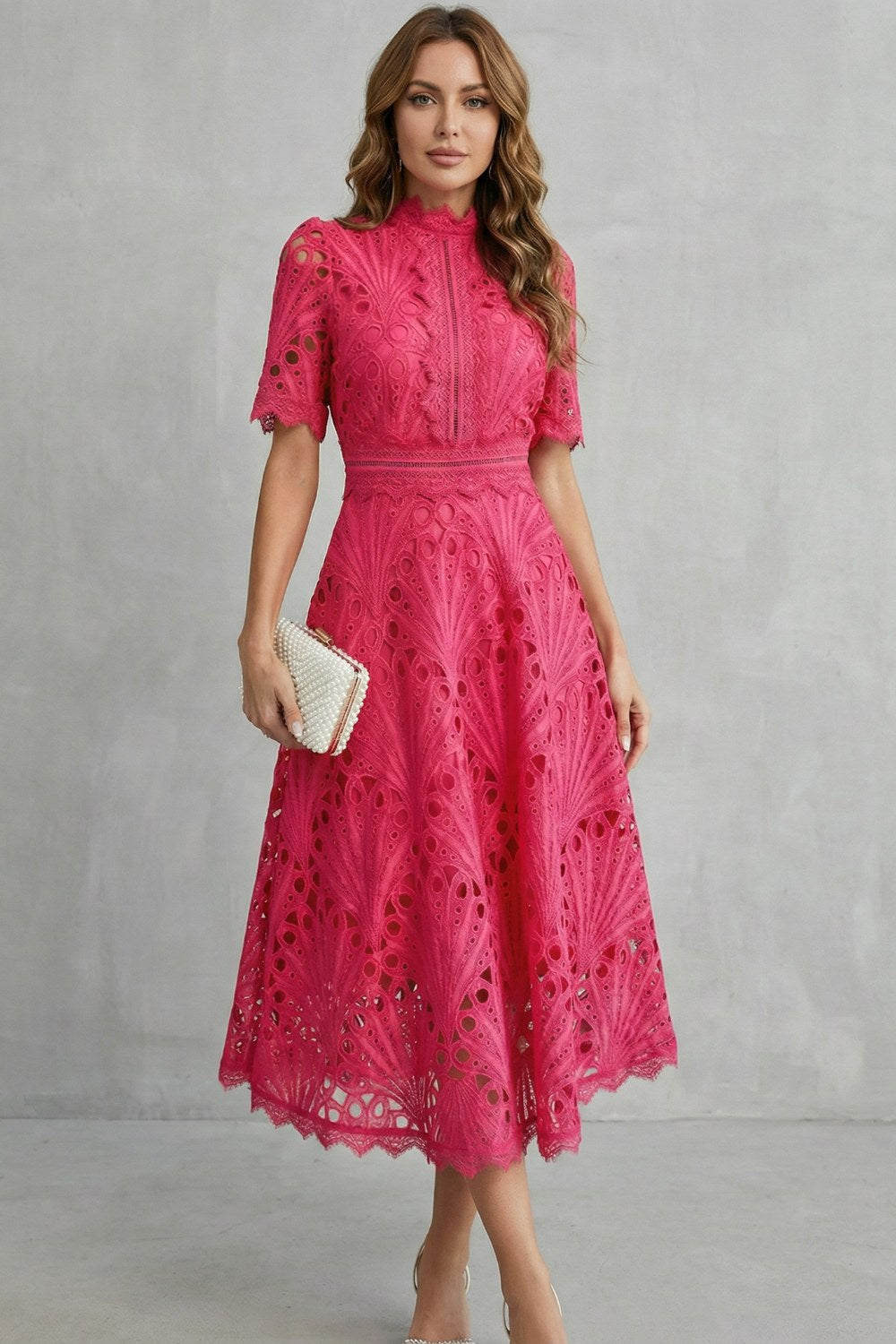 Amber | Women's Midi Dress with Lace Fan Pattern and Short Sleeves, Occasion Midi Dress | The Dress Cellar
