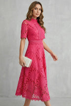 Amber | Women's Midi Dress with Lace Fan Pattern and Short Sleeves, Occasion Midi Dress | The Dress Cellar