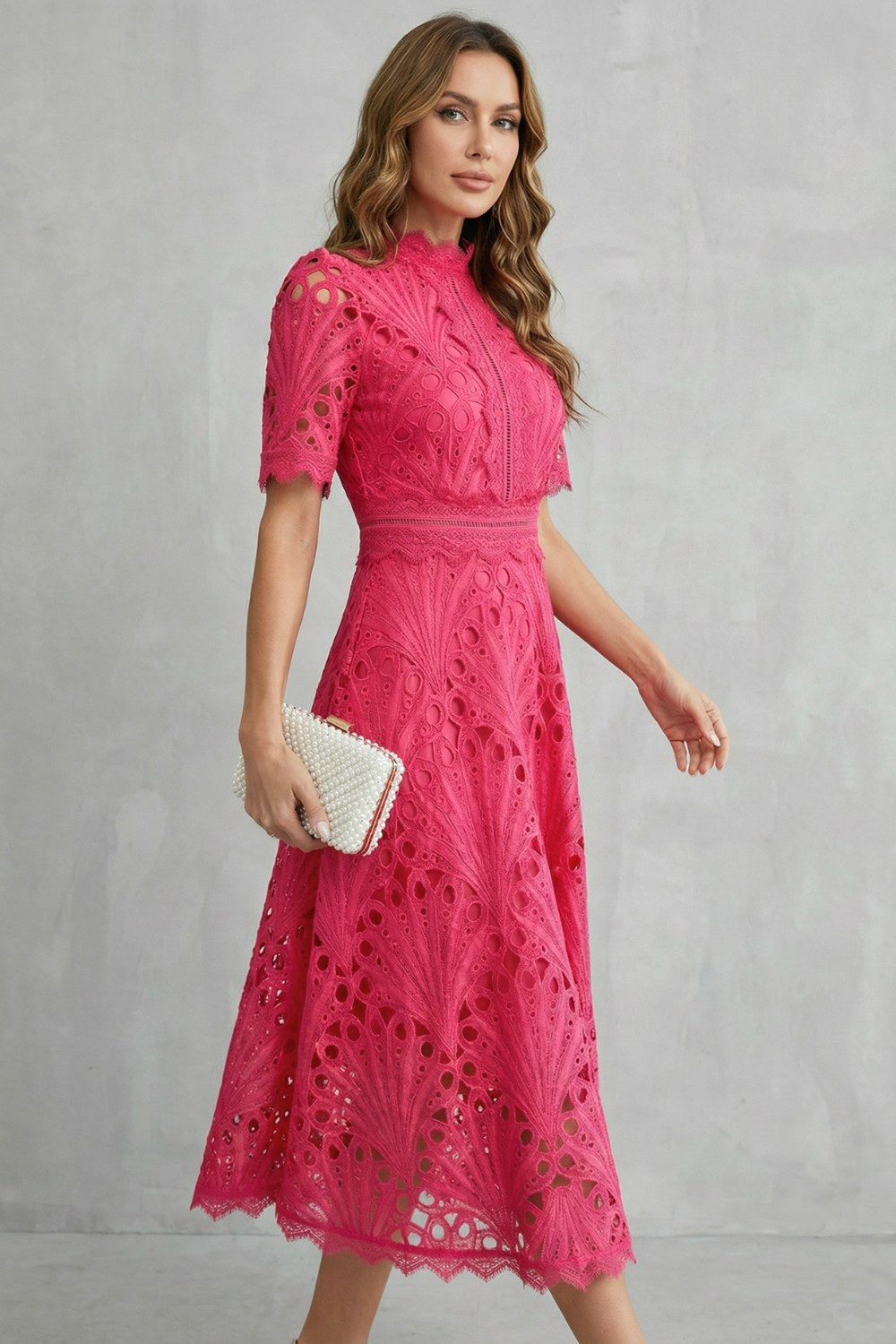 Amber | Women's Midi Dress with Lace Fan Pattern and Short Sleeves, Occasion Midi Dress | The Dress Cellar