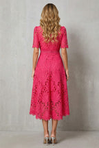 Amber | Women's Midi Dress with Lace Fan Pattern and Short Sleeves, Occasion Midi Dress | The Dress Cellar