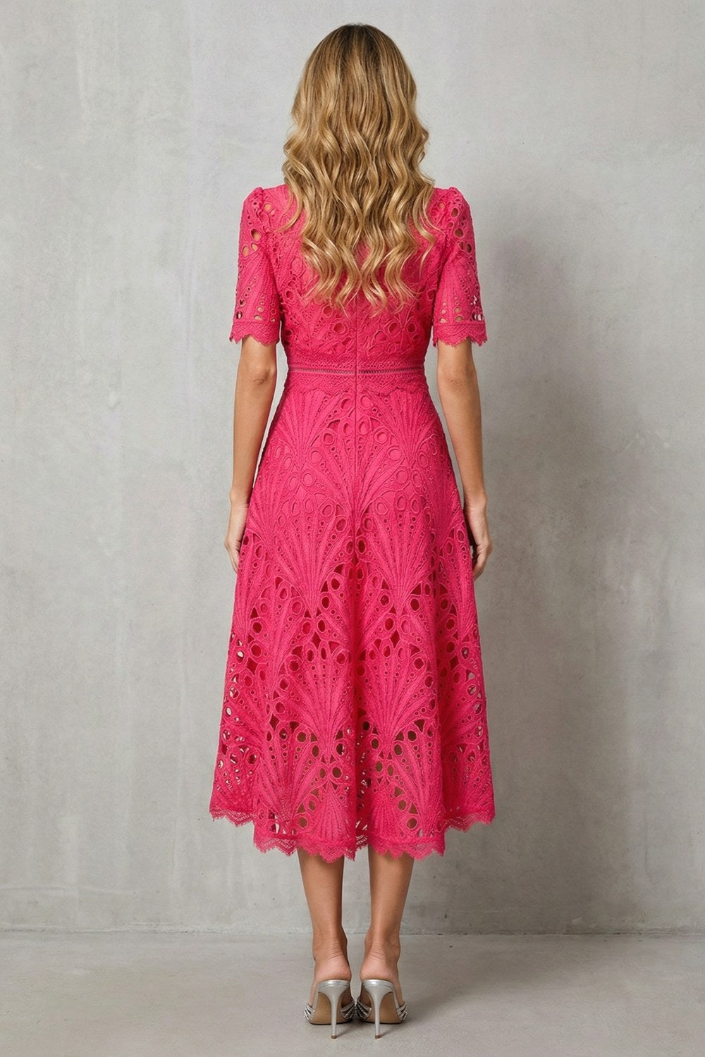 Amber | Women's Midi Dress with Lace Fan Pattern and Short Sleeves, Occasion Midi Dress | The Dress Cellar
