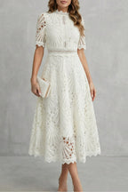 Amber | Women's Midi Dress with Lace Fan Pattern and Short Sleeves, Occasion Midi Dress | The Dress Cellar