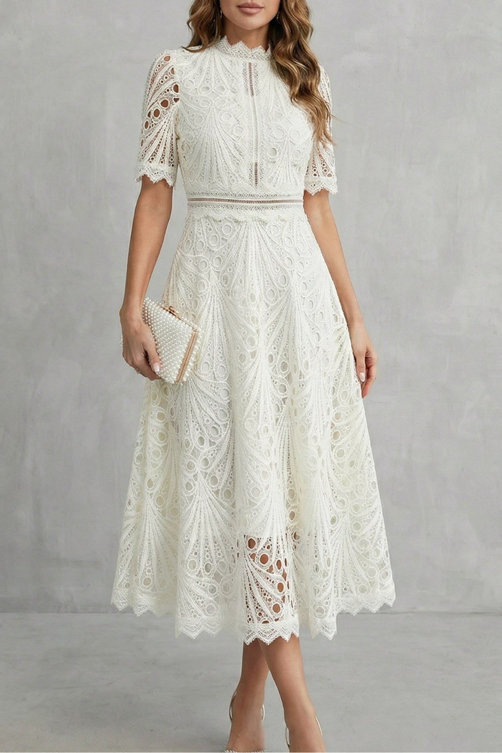 Amber | Women's Midi Dress with Lace Fan Pattern and Short Sleeves, Occasion Midi Dress | The Dress Cellar