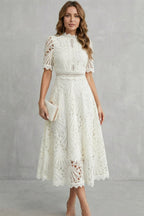 Amber | Women's Midi Dress with Lace Fan Pattern and Short Sleeves, Occasion Midi Dress | The Dress Cellar
