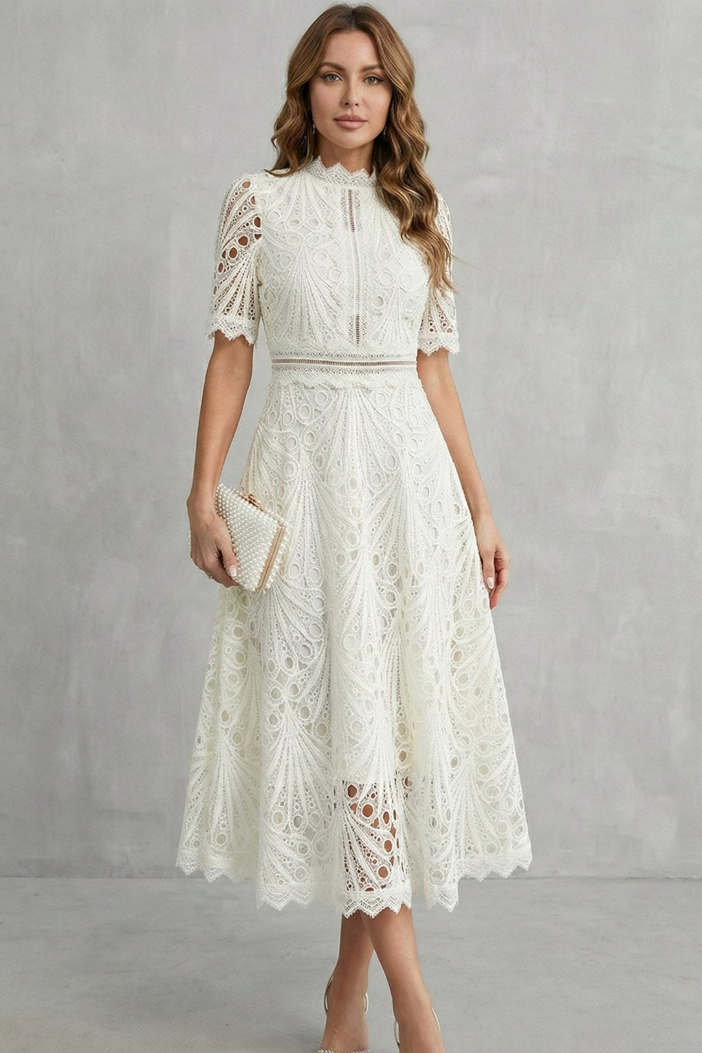 Amber | Women's Midi Dress with Lace Fan Pattern and Short Sleeves, Occasion Midi Dress | The Dress Cellar
