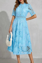 Amber | Women's Midi Dress with Lace Fan Pattern and Short Sleeves, Occasion Midi Dress | The Dress Cellar