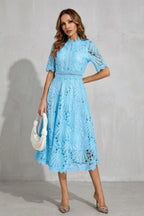Amber | Women's Midi Dress with Lace Fan Pattern and Short Sleeves, Occasion Midi Dress | The Dress Cellar
