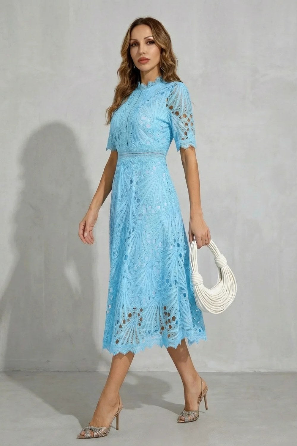Amber | Women's Midi Dress with Lace Fan Pattern and Short Sleeves, Occasion Midi Dress | The Dress Cellar