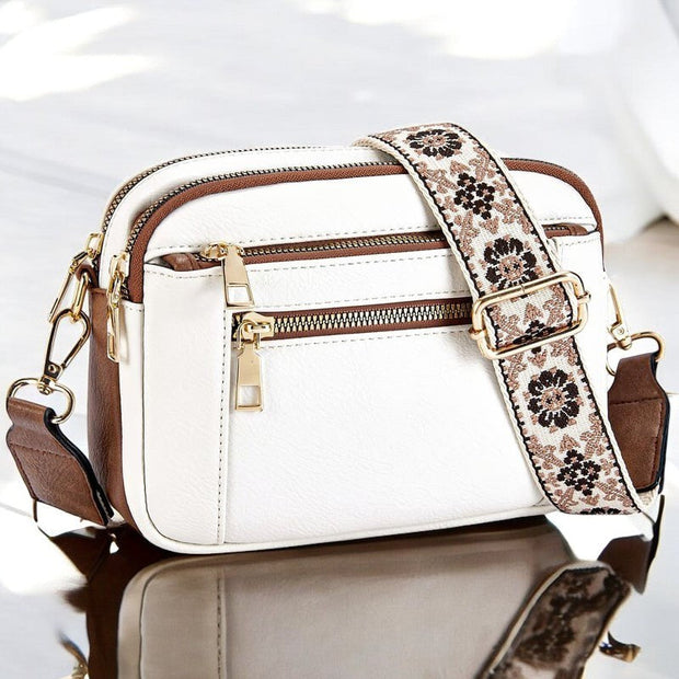 Harper | Women's Refined Leather Shoulder Bag - White with Brown