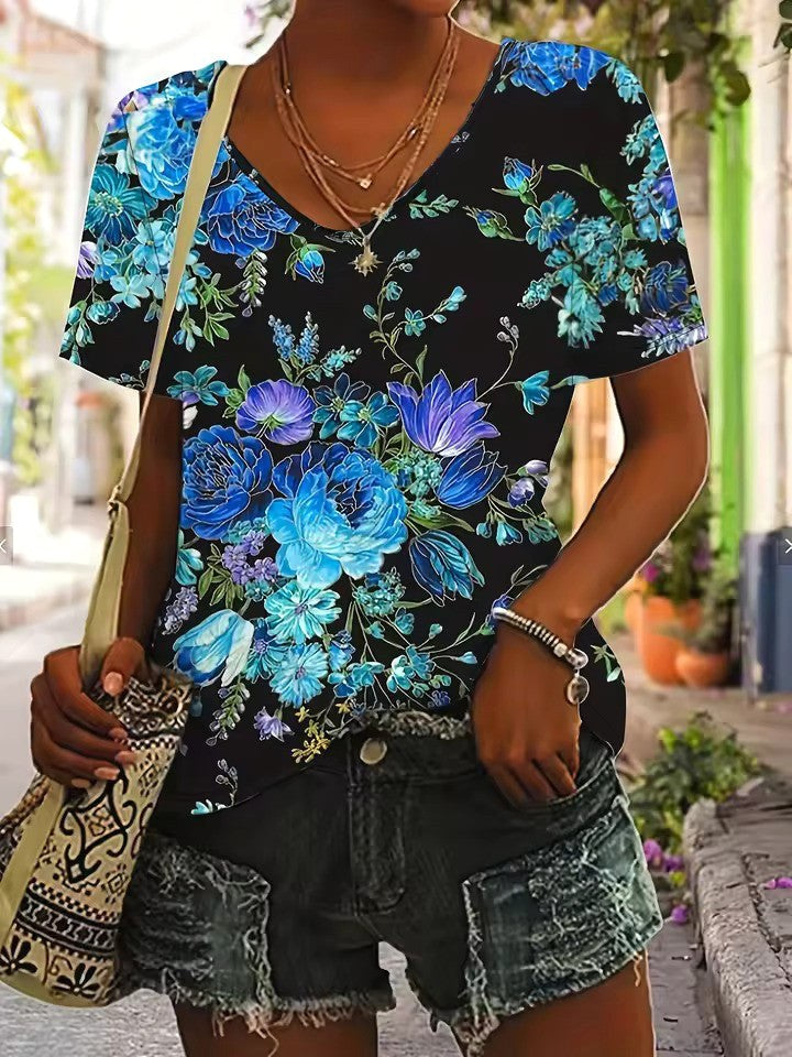 Harper | Women's V-Neck Retro Print Short Sleeve Top - Zwart