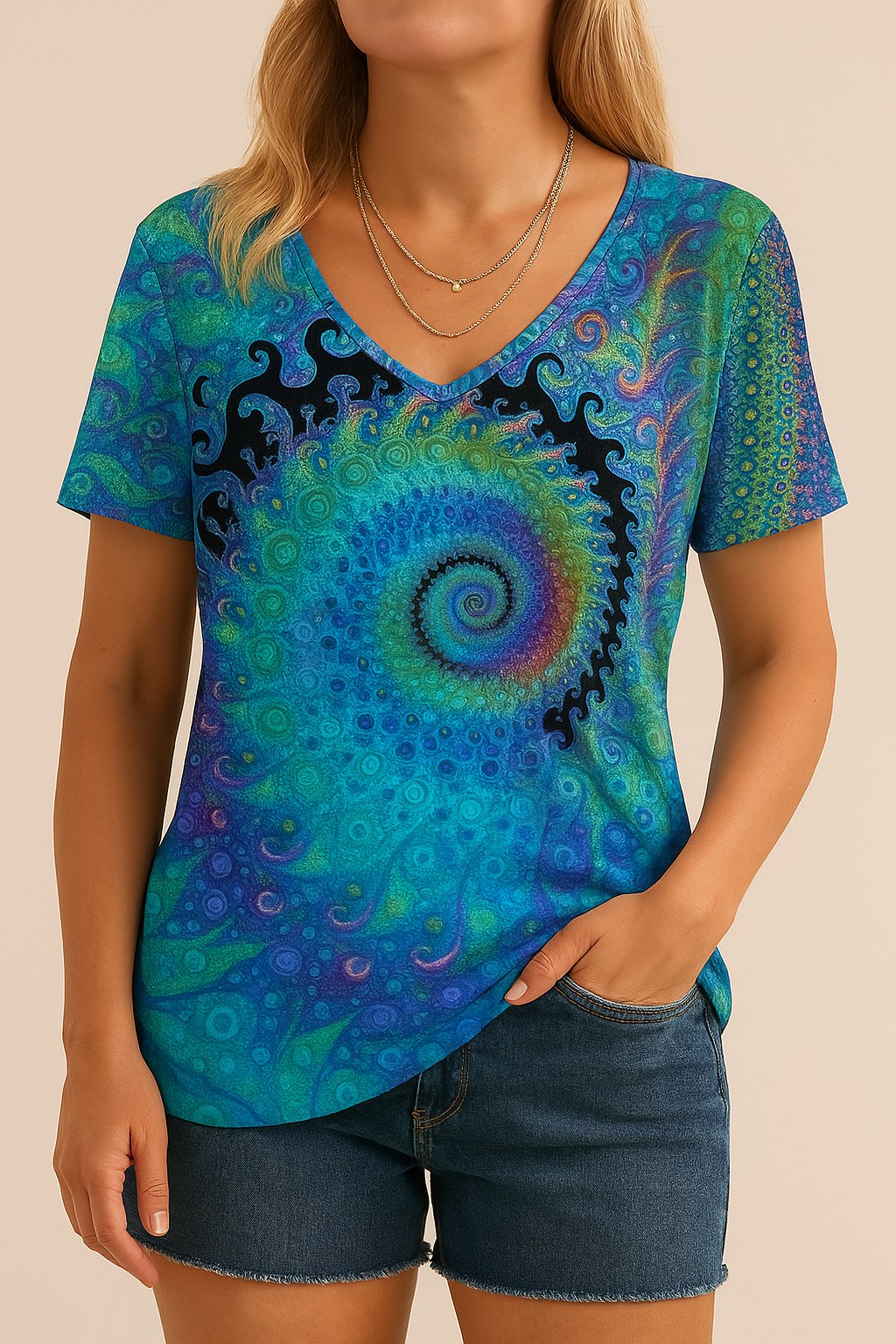 Harper | Women's V-Neck Retro Print Short Sleeve Top - Blauw