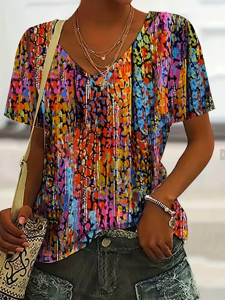 Harper | Women's V-Neck Retro Print Short Sleeve Top - Roze