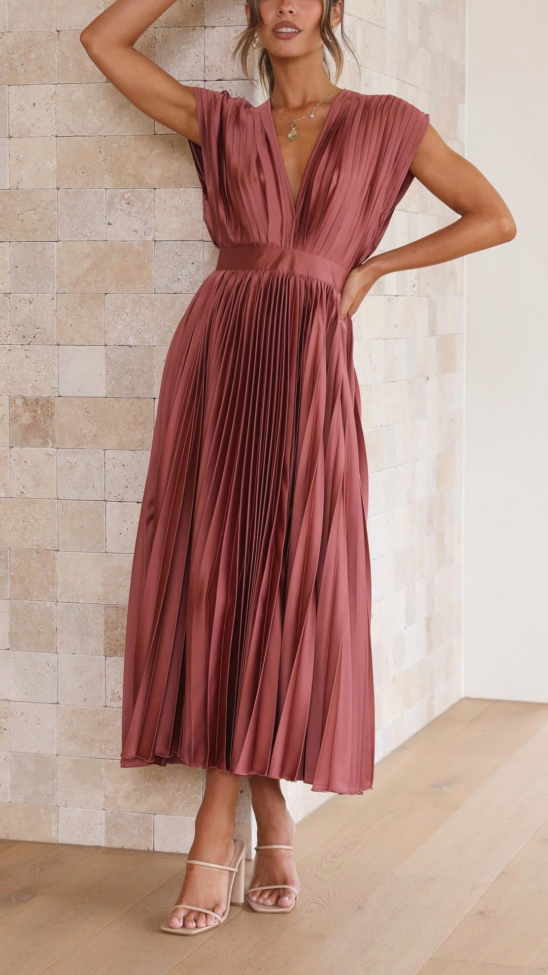 Heather | Women's Pleated Maxi Dress - Champagne