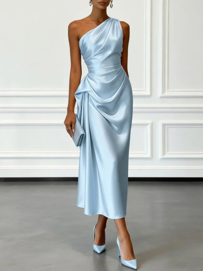 Helen | Women's Satin One-Shoulder Maxi Dress, Elegant Evening Gown | The Dress Cellar
