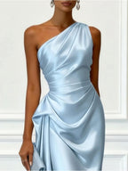 Helen | Women's Satin One-Shoulder Maxi Dress, Elegant Evening Gown | The Dress Cellar