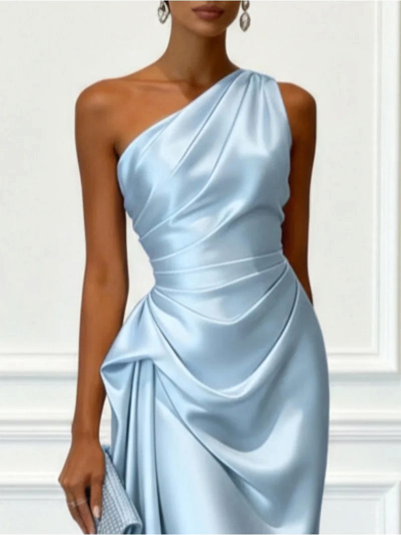 Helen | Women's Satin One-Shoulder Maxi Dress, Elegant Evening Gown | The Dress Cellar