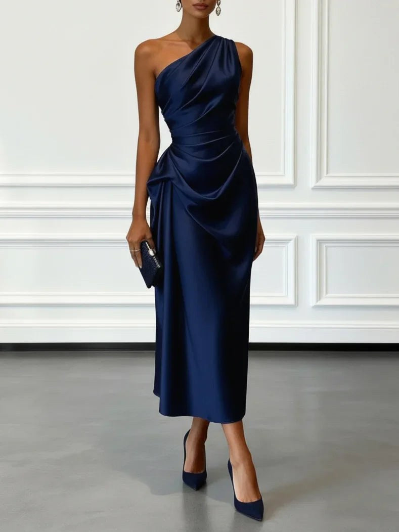 Helen | Women's Satin One-Shoulder Maxi Dress, Elegant Evening Gown | The Dress Cellar