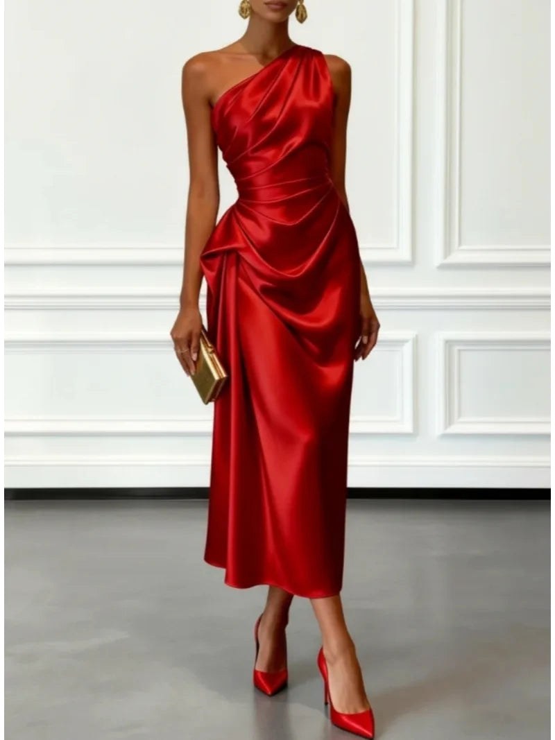 Helen | Women's Satin One-Shoulder Maxi Dress, Elegant Evening Gown | The Dress Cellar