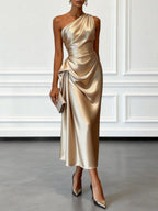 Helen | Women's Satin One-Shoulder Maxi Dress, Elegant Evening Gown | The Dress Cellar