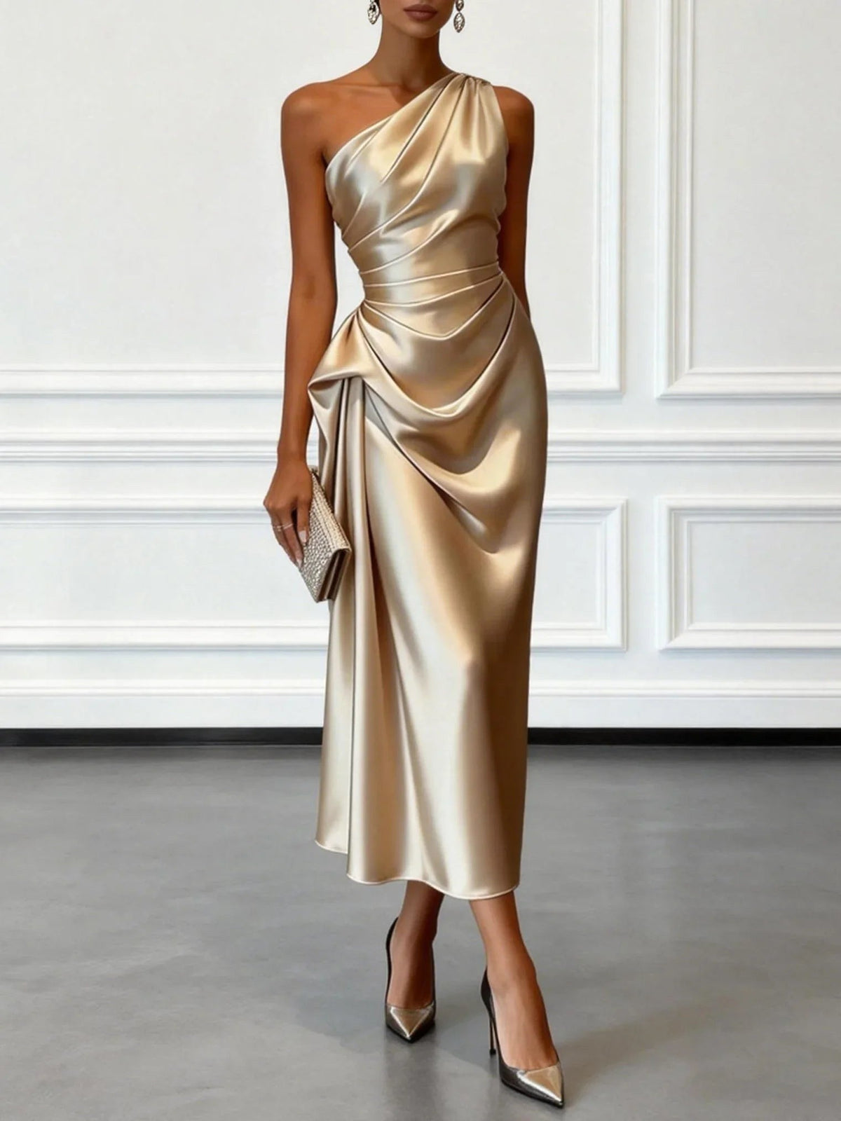 Helen | Women's Satin One-Shoulder Maxi Dress, Elegant Evening Gown | The Dress Cellar