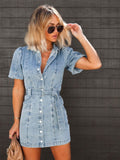 Helene | Women's Button-Up Denim Mini Dress, Shirt-Style Denim Dress | The Dress Cellar