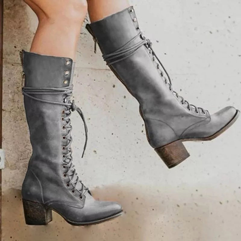 Henriette | Women's Lace-Up Leather Combat Boots, Block Heel Ankle Boots | The Dress Cellar
