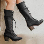 Henriette | Women's Lace-Up Leather Combat Boots, Block Heel Ankle Boots | The Dress Cellar